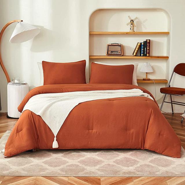 Litanika Comforter Full Size Set Burnt Orange, 3 Pieces Bed Boho Solid Terracotta Lightweight Bedding Comforter Set, Rust Fluffy Winter Quilted Blanket Set (79x90In Comforter & 2 Pillowcases)