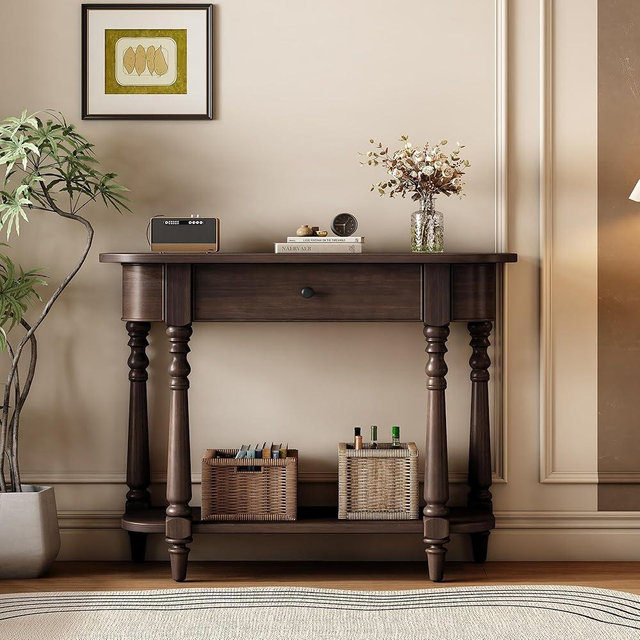 Farmhouse Console Table, Solid Wood Retro Corner-Curved Sofa Table with Top Drawer and Open Shelf for Living Room, Hallway, Entryway, Espresso