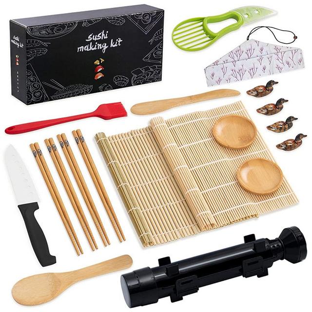 pentaQ Sushi Making Kit, 20 Pieces Sushi Bazooka Maker Set for beginner, DIY Sushi Roller Machine with Natural Bamboo Rolling Mat, Sushi Knife, Bamboo Chopsticks, Sauce Dish, Bazooka-Black