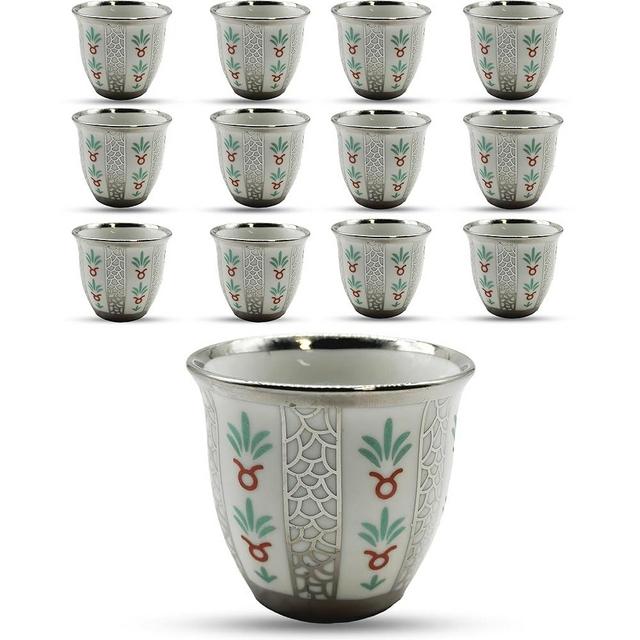 Generic Premium Porcelain Arabic Coffee Cup Set 100ml - Sleek Silver Trim - Gift/Party Set (100 ml, 12, Count)
