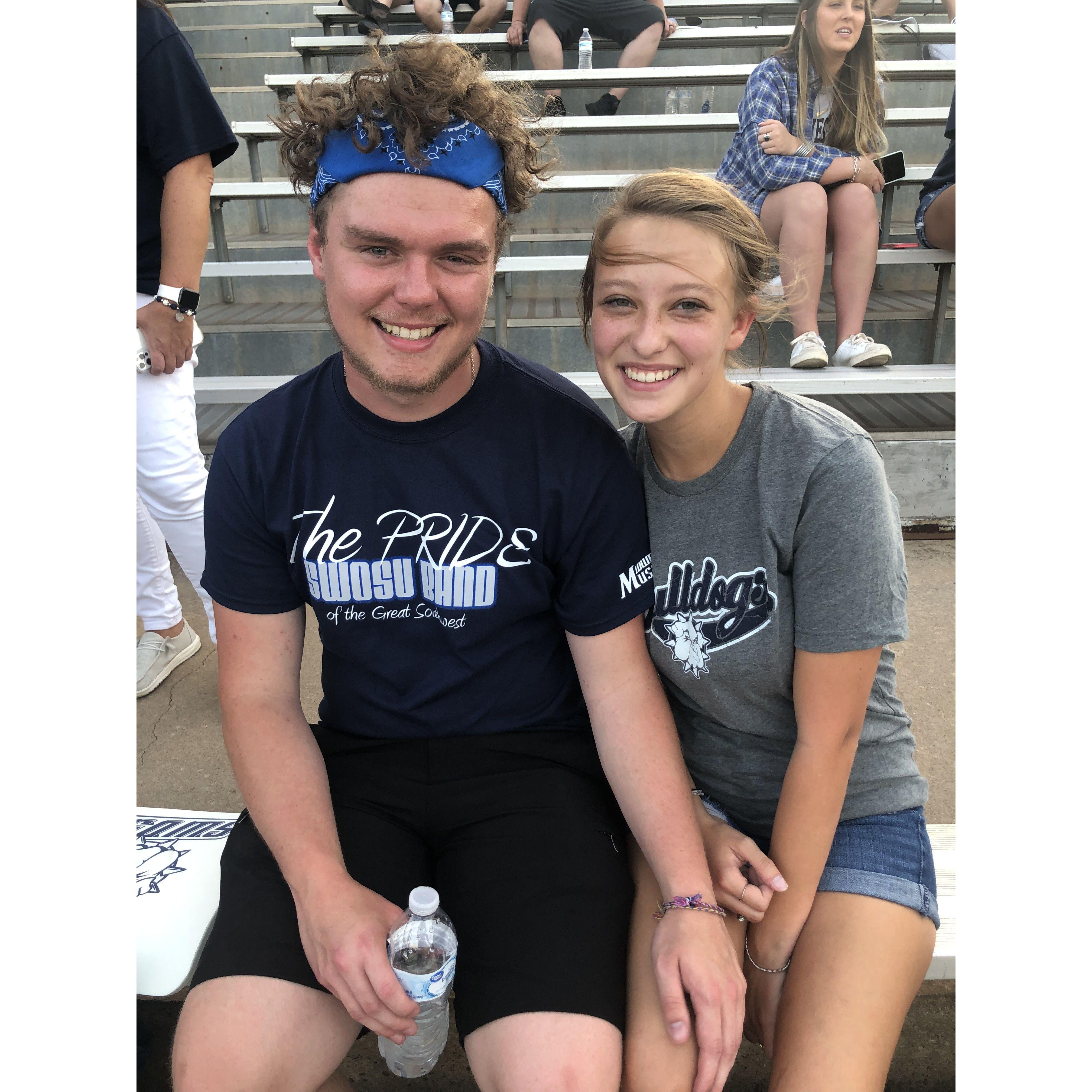 Jeston played bass drum in marching band his first semester at SWOSU. Bailey was a junior in high school. (September 2021)