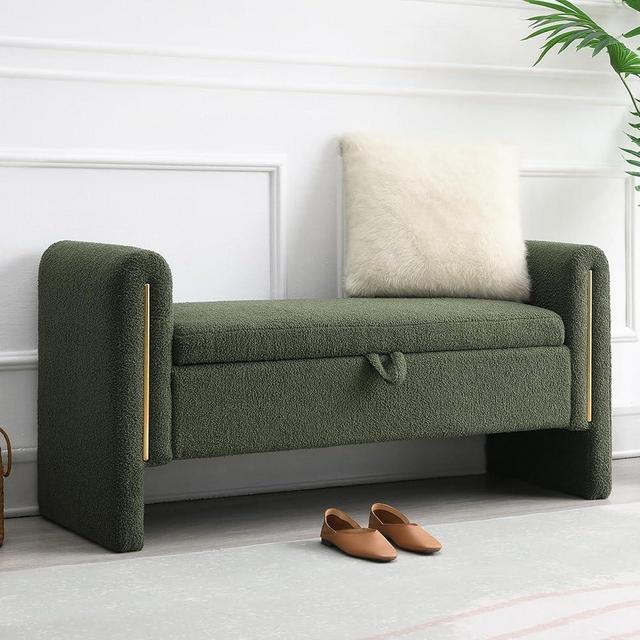 NIOIIKIT 52" Storage Ottoman Bench, Teddy Upholstered Storage Bench with Armrest, Entryway Bench with Pull-Ring, End of Bed Bench with Storage, Window Bench for Living Room (Olive Green)