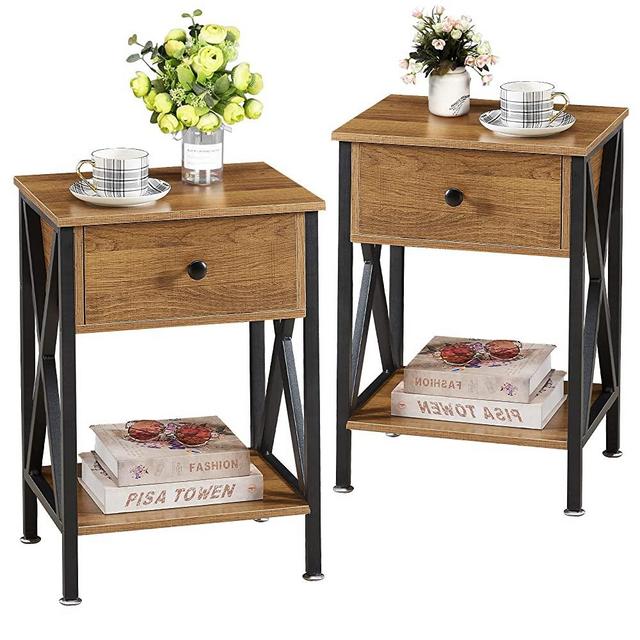 VECELO Night Stand for Bedroom, Modern Bedside End Tables,Nightstands Set of 2 with Drawer &Storage for Living Room Office, 2, Walnut Brown