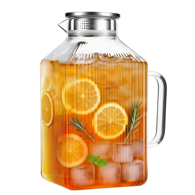 1 Gallon thickened Square Glass Pitcher with Lid, Spout and Handle, Striped Water Pitcher for Fridge, Borosilicate Glass Carafe for Cold Water & Hot Brew, Large Jug for Iced Tea, Coffee, Juice