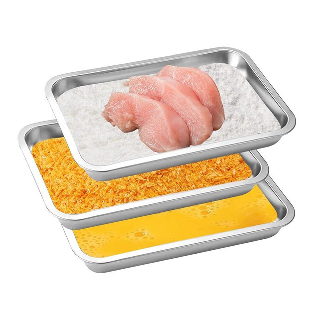 JMUSTTBO Breading Trays Set of 3 Stainless Steel Breading Pans for Dredging Chicken Breasts and Marinating Meat, Food Prep Trays (12.4" x 8.5" x 1.9")