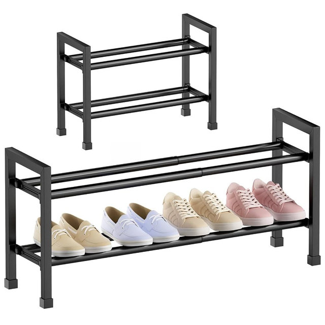 Abiglifty 2-Tier Expandable Shoe Rack,17"-33" Adjustable Shoe Rack for Closet,Metal Shoes Shelves for Front Door Entrance, Garage & Corridor, Free Standing Shoe Holders, Easy to Assemble,Black