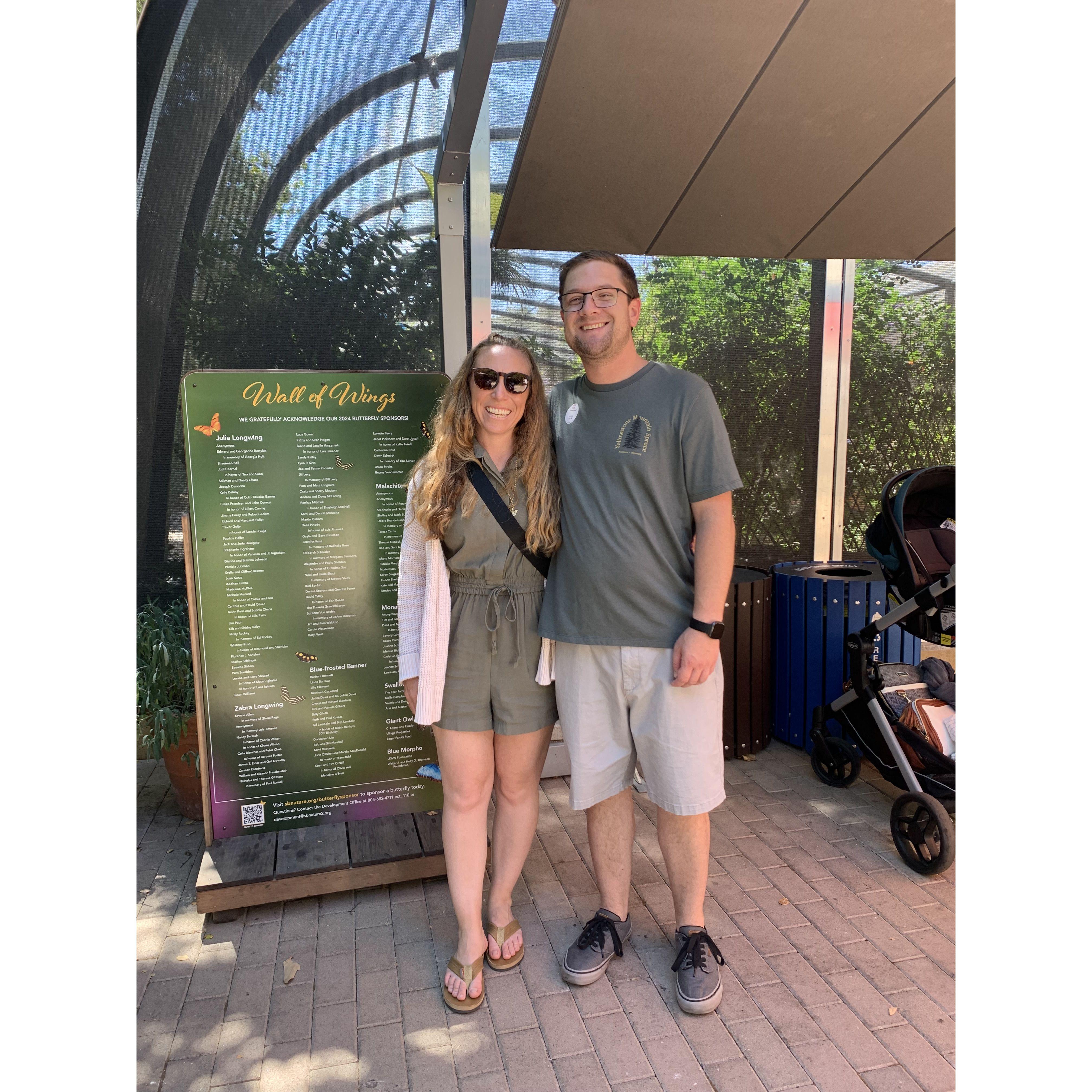 Rob and Sarah at the butterfly exhibit at the Santa Barbara Natural History Museum. Thanks to Sarah's friends, the exhibit featured a tribute to the memory of Glory, Sarah's mom.