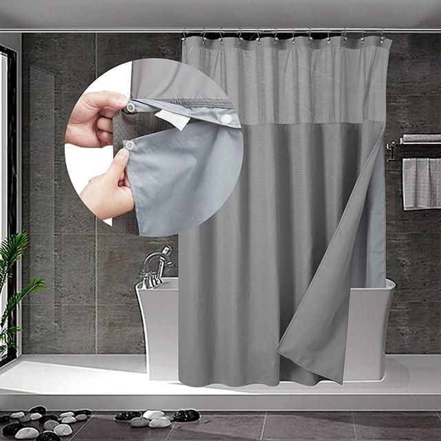 Extra Long Waffle Weave Shower Curtain with Snap-in Fabric Liner Set, 12 Hooks Included - Hotel Style, Water-Repellent & Washable, Mesh Top Window - 71x72, Gray