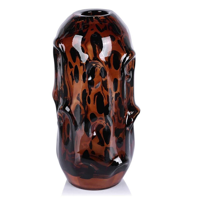 Tortoise Shell Vase Amber Glass Vase for Home Office Bathroom Decor, Unique Amber Flower Vase Centerpieces, Art Glass Vase for Living Room, Brown Vase Decorative with Tortoise Print Accent (S)