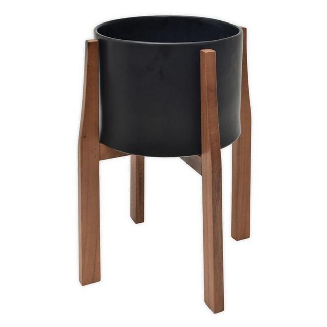 Rita 20-Inch Round Ceramic Planter with Acacia Stand in Black