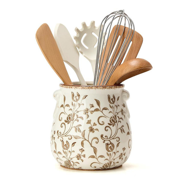 Utensil Holder for Kitchen Counter, Modern Farmhouse Rustic Cooking Utensil Holder and Crock, Exquisite Chinoiserie Floral Ceramic Utensil Organizer for Home Kitchen Decor- Brown Flower Patterns