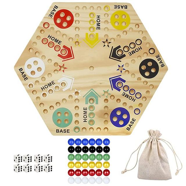 Marble Board Game Original Wahoo Board Game Double Side Painted Wooden Fast Track Board Game for 6 and 4 Player, 6 Colors 36 Glass Marbles 8 Dice for Family Game Night and Friends Party