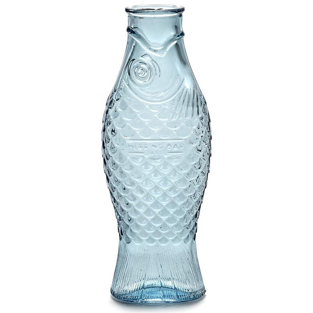 Glass Water Pitcher | Fish & Fish glassware by Paola Navone | Wine Carafe Decanter 28.74 fl oz | Clear Light Blue Bottle Container, hot or cold Drinks | Beverage Dispenser | Suitable as Vase