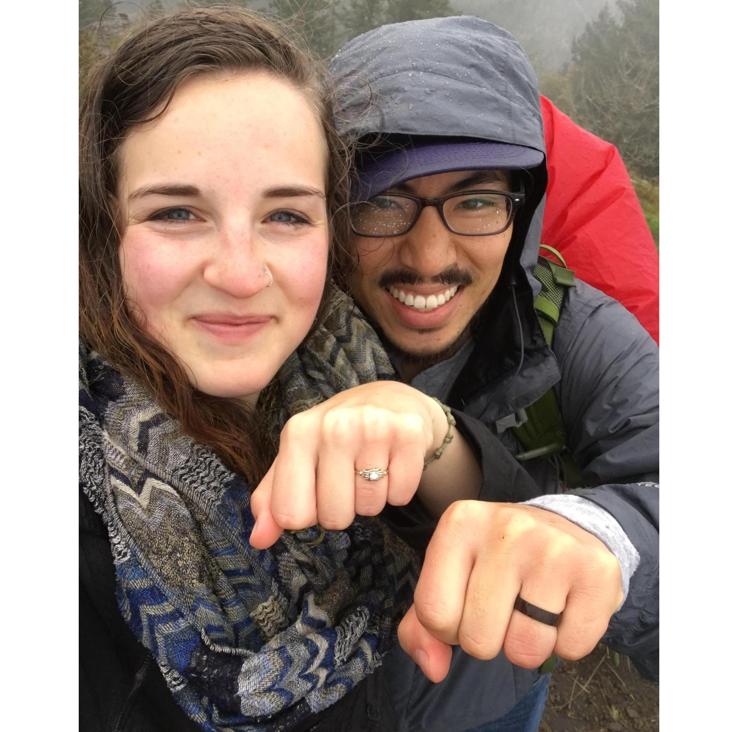 Right after our engagement on the peak of Spencer Butte in Eugene, Oregon! It was wet, freezing, and memorable.