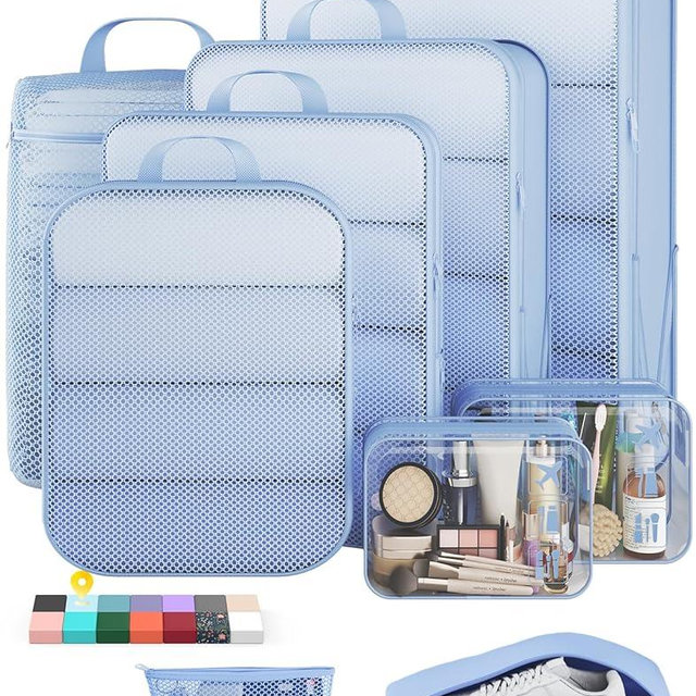 Veken 9/11 Set Compression Packing Cubes for Travel Essentials,Compressible Expandable Large Luggage Suitcase Organizer Bags for Clothing,Durable Space Saver Storage Bags(Light Blue)