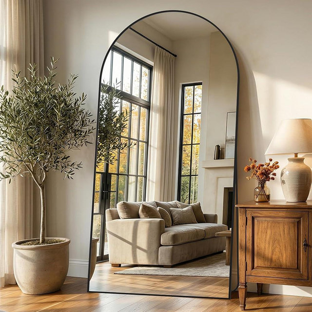 Homsion 81"x41" Arched Full Length Mirror with Stand, Free Standing Leaning Wall Mounted Aluminum Alloy Frame Mirror for Bedroom Living Room Cloakroom, Black