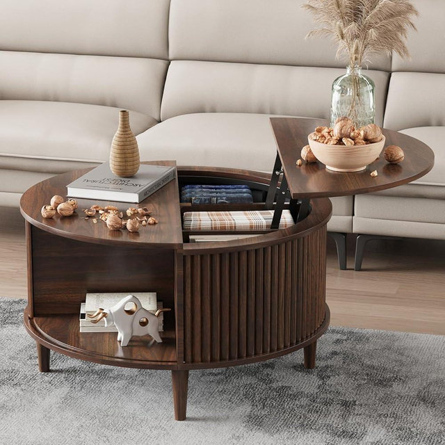 FNeL Round Coffee Table with Storage, Fluted Lift Top Coffee Table for Living Room, 31.5" Mid Century Modern Center Table with Sliding Cabinet Door, Walnut