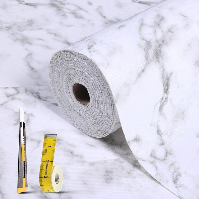 Drawer and Shelf Liner for Kitchen Cabinet: 12 in X 20 Ft Non Slip Waterproof Shelf Paper Non Adhesive Refrigerator Liners White Marble Easy Liners for Bathroom Cupboard with Knife Tape Measure