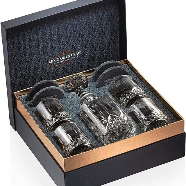 Whiskey Decanter and Glass Set for Men // Crystal Bourbon Decanter Set with 10oz Whiskey Glasses in a Classy Gift Box // Liquor Decanter Set of 4 Glasses // Perfect for Scotch, Bourbon and Cognac