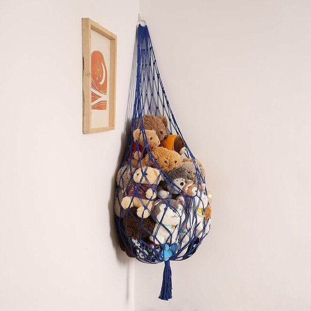 Amdermi Stuffed Animal Storage Toy Hammock Corner Hanging Net for Stuff Animal Storage Macrame Toy Display Plushie Toy Holder-Wall Hanging Net for Kid Bedroom Decor Playroom Organizer (Blue)