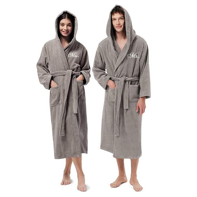 AW BRIDAL Terry Cloth Robe Hooded Bathrobes Turkish Cotton Towel Robe Lightweight with Embroidery for Men Women