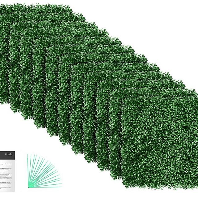 flybold Grass Wall Panel Artificial Boxwood Panels Hedge UV Protected Greenery Wall Outdoor Indoor Use Garden Fence Backyard Home Decor Faux Grass Wall Pack of 12 Pieces 20 x 20 inch Dark Green