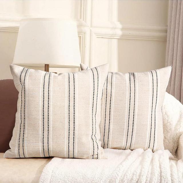 AELS 18x18 Decorative Farmhouse Linen Throw Pillow Covers, Boho Textured Pillow Case, Set of 2, Beige with White & Black Stitch Yarn Dyed Stripe Cushion Cover for Sofa Couch Living Room (Cover ONLY)