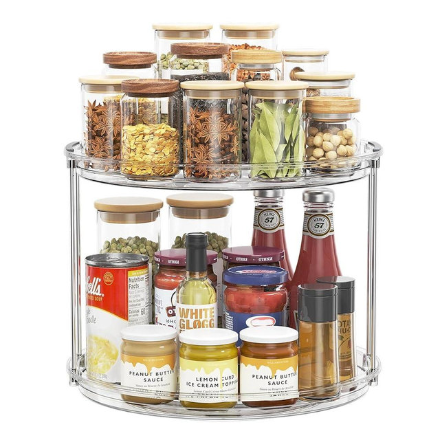 LAMU 12in 2 Tier Lazy Susan Organizer Large Lazy Susan Turntable Rotating Spice Rack Organization for Cabinet, Kitchen, Pantry, Countertop, Bathroom, Vanity, Medicine Cabinet Organizer, Clear