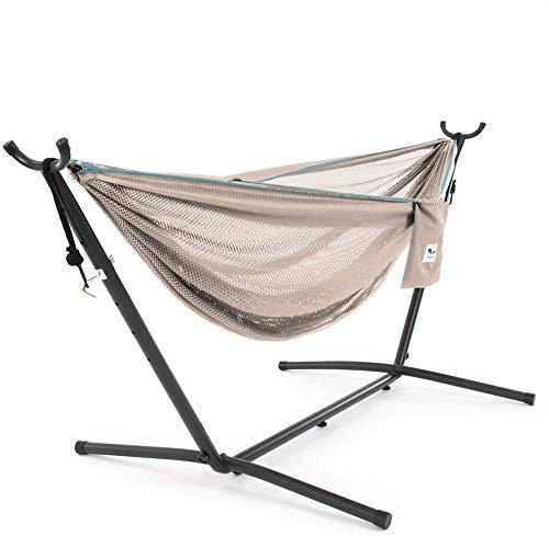 Vivere Double Mesh Hammock with 9ft Space Saving Steel Stand (400 lb Capacity - Premium Carry Bag Included) (Sand/Sky)