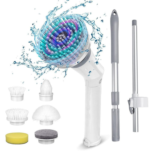 Qimedo Handheld Spin Scrubber with Extended Long Handle, Rechargeable Electric Scrubber for Cleaning, Cordless Power Dish Scrubber with 6 Brushes for Bathtub Grout Tile Floor