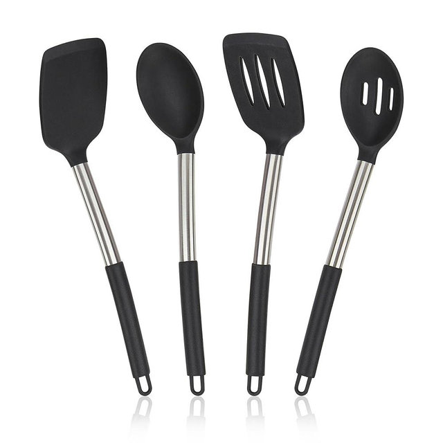 4 Pack Silicone Utensils Set, Non Stick Solid Spatulas, Heat Resistant Blue Slotted Spoons with Stainless Steel Handle, BPA Free Cooking Turner for Stir-Fry, Frying, Mixing, Serving,Draining,Turning