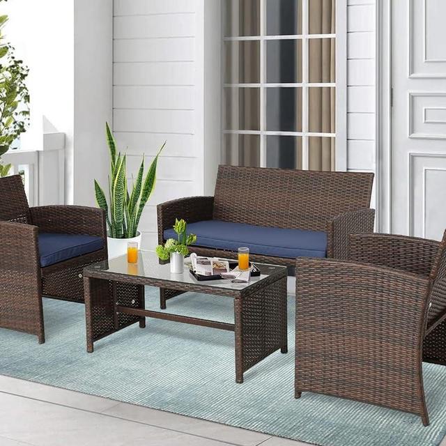 BPTD 4 Pieces Outdoor Furniture Set PE Wicker Ratten Chairs Set Conversation Set Balcony Furniture with Cushion and Table for Backyard, Garden, Porch and Poolside (Dark Blue)
