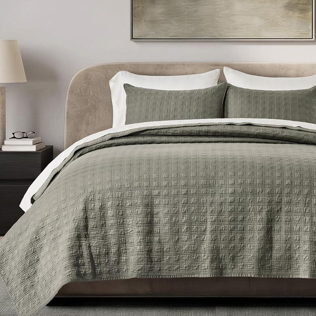 EVERGRACEHOME Windowpane Cotton Sateen Quilt Set King Size, Pre-Washed 100% Cotton Coverlet Bedspread, 3-Piece Soft Lightweight Bedding Set with 2 Shams for All Seasons, Stone Sage