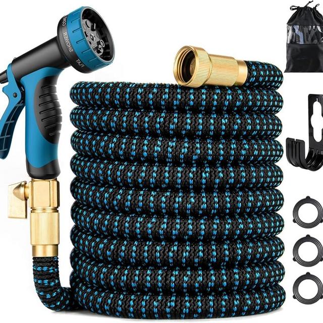 100 ft Expandable Garden Hose - Kink Free Flexible Water Hose 100ft with 10 Pattern Spray Nozzle, 3/4 Solid Brass Connectors, Retractable Latex Core - Lightweight Expanding Hose