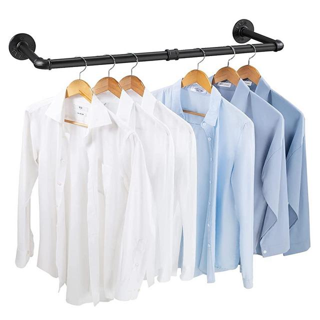 Industrial Pipe Clothes Rack 38.4", Wall Mounted Garment Rack Space-Saving Hanging Clothes Rack Detachable Black Iron Garment, Multi-Purpose Heavy Duty Clothing Hanging Rod for Closet Storage 2 Base