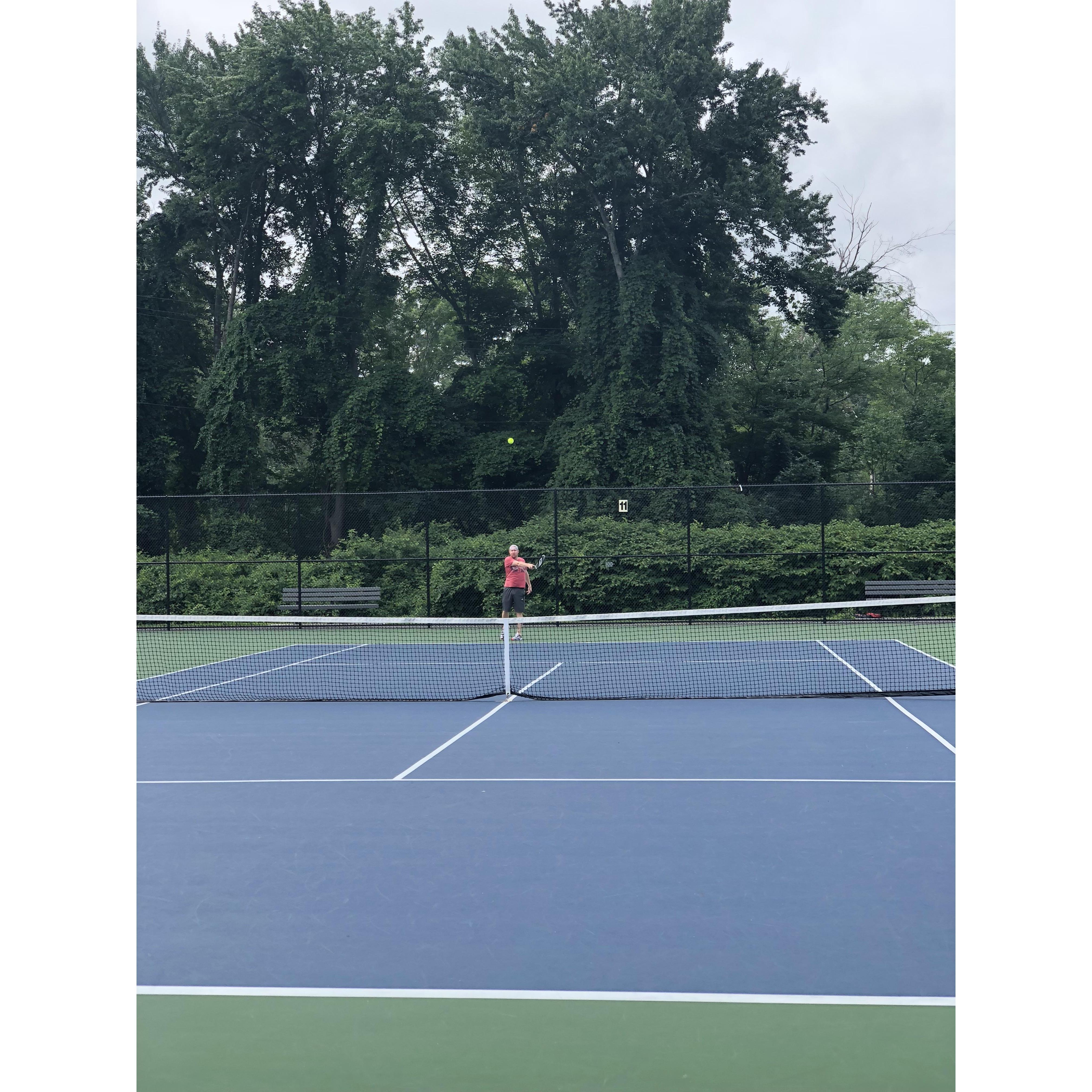 One of dozens of tennis games Zack has lost to me.