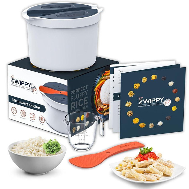 Zwippy Microwave Rice Cooker Steamer & Pasta Cooker with Strainer, 8 Cup/2L, Non-stick, Dishwasher Safe, BPA Free - Easy-To-Use Microwave Rice Maker Set for Pasta, Potatoes, Vegetables, Quinoa