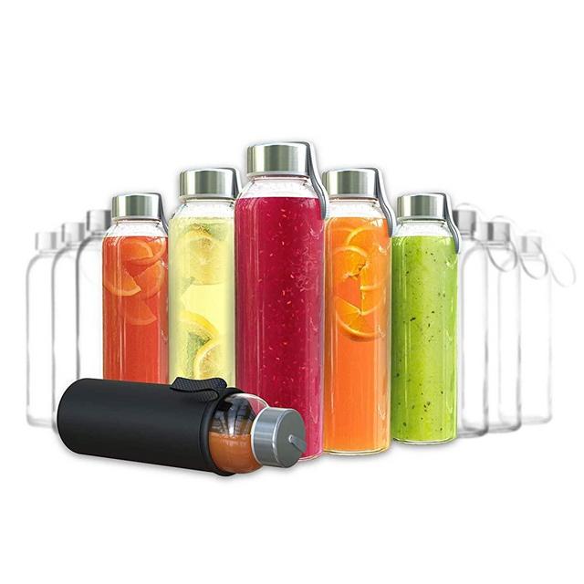 Chef's Star 18 Oz Glass Water Bottles, Glass Drinking Bottle with Protection Sleeve, Juice Bottles with Stainless Steel Leak Proof Lids, Pack of 12