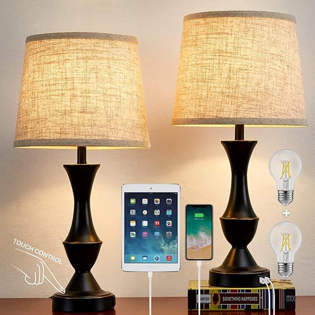 Lamps for Bedrooms Set of 2, Bedside Touch Lamp with Dual USB Charging Ports, 3 Way Dimmable Nightstand Lamps with Premium Linen Fabric Lampshade for Bedroom, Living Room (Bulb Included)
