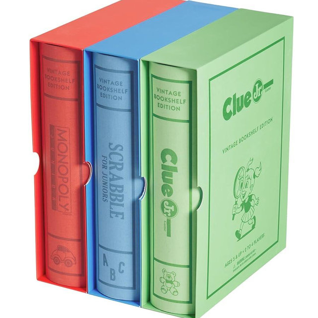 WS Game Company Junior Vintage Bookshelf Edition 3-Pack Board Game Bundle with Monopoly Junior, Scrabble for Juniors, and Clue Jr. in Premium Linen Fabric-Wrapped Storage Book Cases for Kids Ages 5+