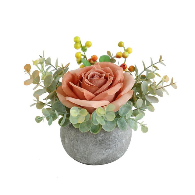 Rosscer Artificial Flowers Kit with Pot, Combination of Fake Silk Orange Roses and Greenery,Small Plant Potted Decor for Offices,Bookshelf,Bedroom, Living Room,Party,Wedding Decorations…