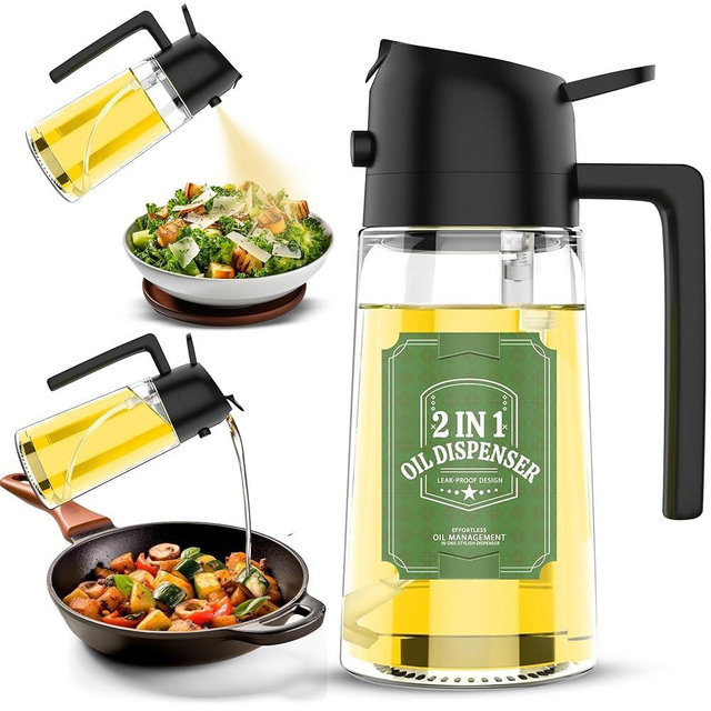 Casa Arte Oil Dispenser for Kitchen – Oil Sprayer for Cooking and Olive Oil Dispenser Spray Bottle, 2 in 1 Glass Oil Sprayers, pourer & Oil Mister for Air Fryer, Barbecue, Salad 16oz/470ml (Black)