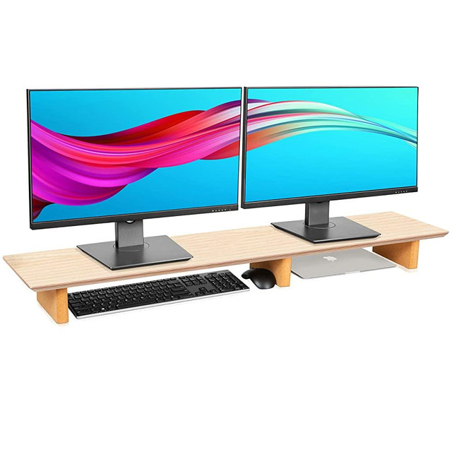 Aothia Large Dual Monitor Stand Riser, Solid Wood Desk Shelf with Eco Cork Legs for Laptop Computer/TV/PC/Printers, Perfect Desktop Stands Organizer with Underneath Storage for Office Accessories