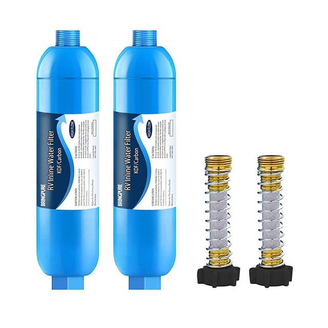 2 Packs of RV Inline Water Filter with Flexible Hose Protector, NSF 42/372 Certified, Reduce Chlorine, Odor, Taste, Rust and Fluoride in Drinking Water, Dedicated for RVs and Marines.