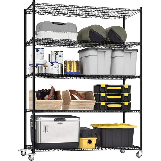 5 Tier Wire Shelf Shelving Unit, 60"x 24"x82" Metal Storage Shelves, Heavy Duty Garage Storage Shelves with Wheels, Chrome 3000LBS Capacity Wire Shelf Rack for Restaurant, Garage, Pantry, Kitchen