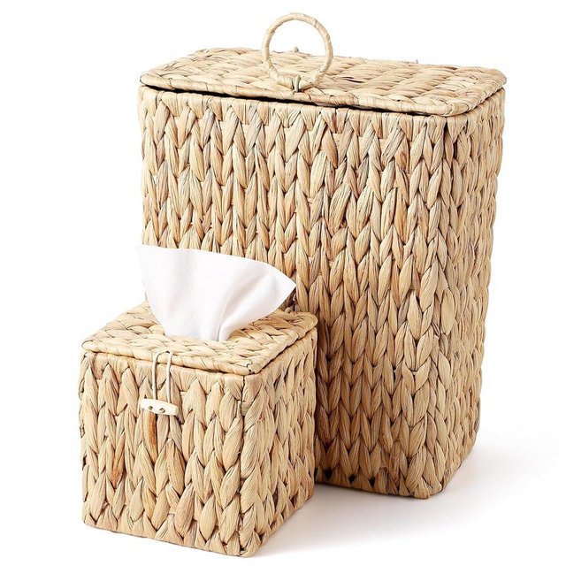 BSSN Boho Wicker Trash Can with Lid and Tissue Box Holder, Water Hyacinth Bathroom Small Waste Basket, Rattan Garbage Wastebasket with Lid for Bedroom,Toilet