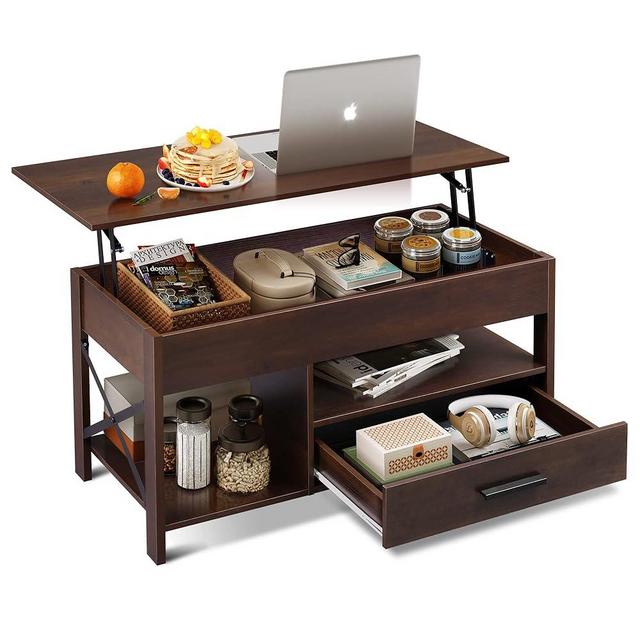 WLIVE Lift Top Coffee Table for Living Room,Coffee Table with Storage,Hidden Compartment and Metal Frame, Central Table for Reception Room,Espresso