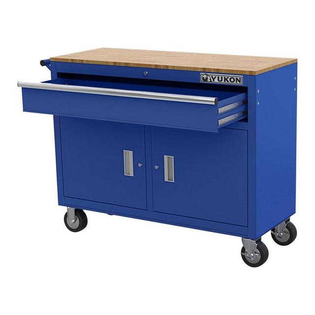46 in. Mobile Workbench with Solid Wood Top, Blue