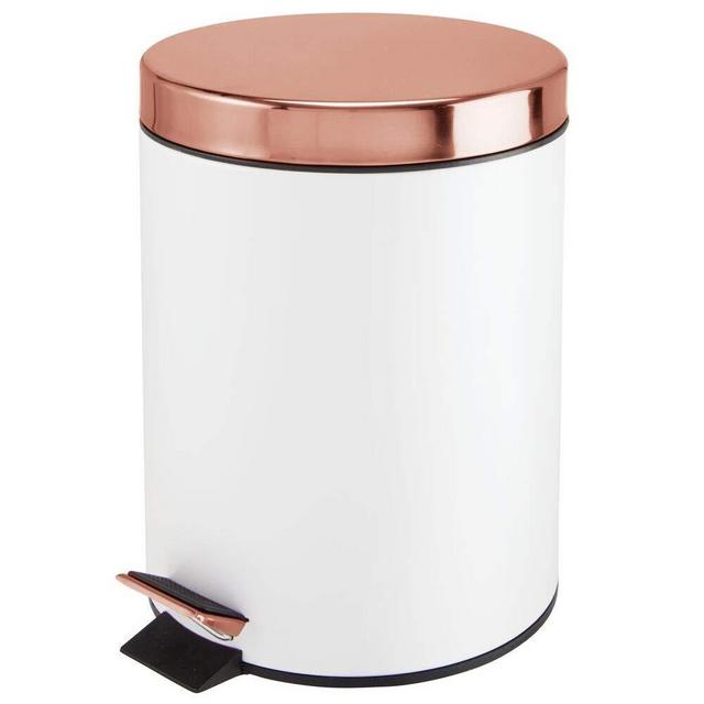 mDesign 5 Liter Round Small Metal Step Trash Can Wastebasket, Garbage Container Bin - for Bathroom, Powder Room, Bedroom, Kitchen, Craft Room, Office, Removable Liner Bucket - White/Rose Gold