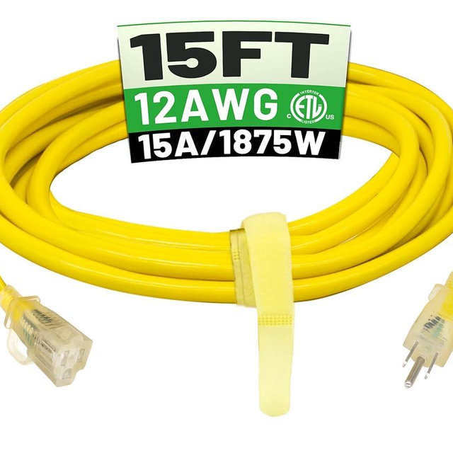 POWGRN 15 ft 12/3 Outdoor Extension Cord Waterproof Heavy Duty with Lighted Indicator End 12 Gauge 3 Prong, Flexible Cold-Resistant Long Power Cord Outside, 15Amp 1875W SJTW Yellow ETL Listed